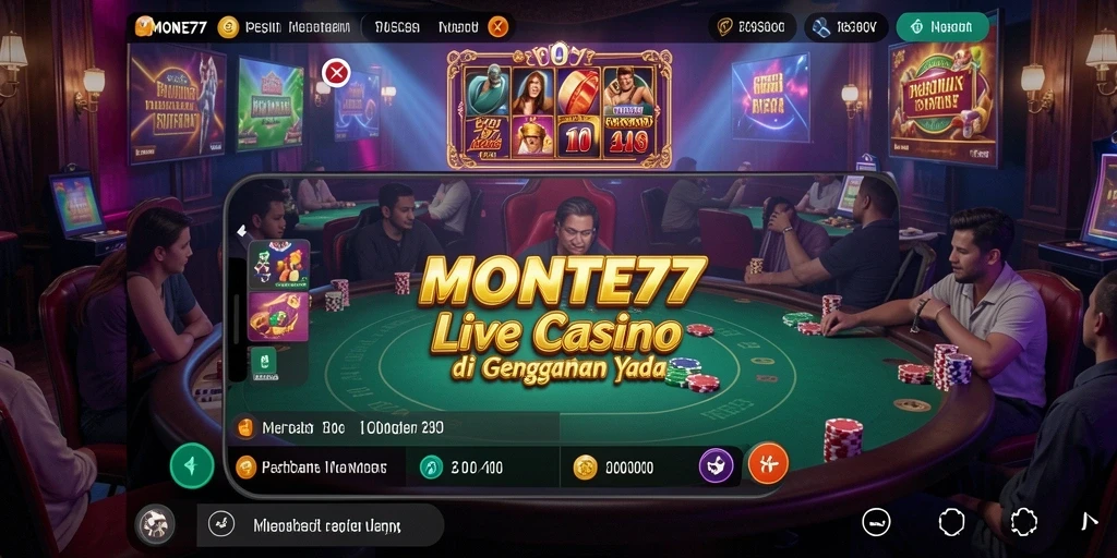 Tangkapan layar utama MONTE77 menampilkan dealer live yang ramah dan permainan kasino yang menarik.