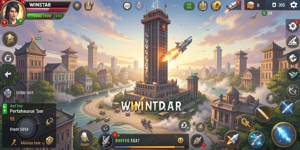 Tampilan gameplay WINSTAR yang menegangkan dalam pertahanan menara.
